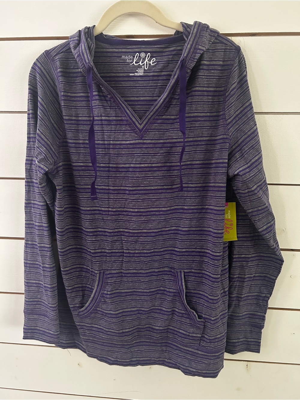 NWT Made for Life Runway Purple Striped Drawstring Hood Pocket Pullover Medium